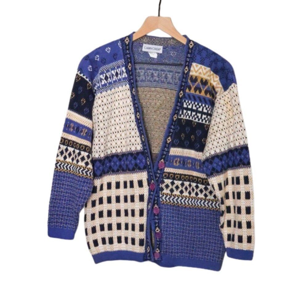 90s Fair Isle Patchwork Button up Eclectic Grandpa-core Cardigan Small - Picture 1 of 7